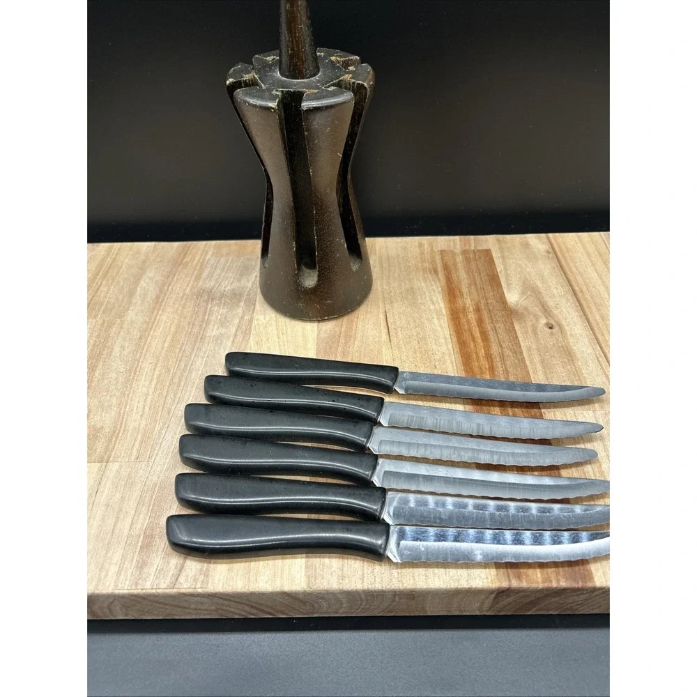 6 Vintage EKCO Vanadium Dutch Tulip Steak Knives USA Hollow Ground Set w Holder